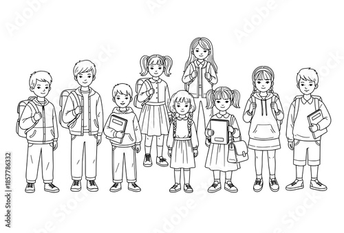 Hand drawn black line school kids vector set with backpacks and school accessories