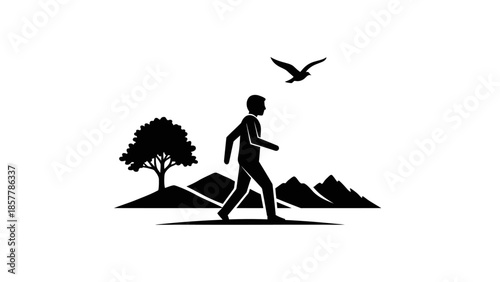 Silhouette of a person walking outdoors with mountains, a tree, and a bird in the background, representing nature and exploration.