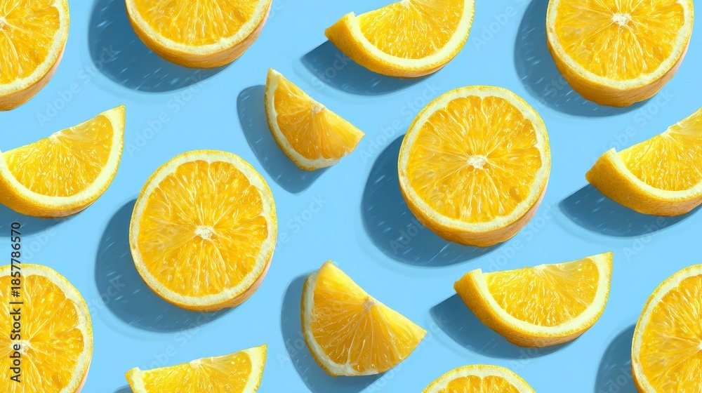 Fototapeta premium A vibrant pattern features sliced oranges and orange segments scattered across a light blue background. The shadows are consistent