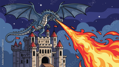 Fierce blue dragon perched atop a medieval stone castle unleashing a massive stream of intense fire breath under a starry night sky
