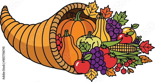 Cartoon illustration of a traditional cornucopia overflowing with autumn harvest fruits vegetables and colorful fall leaves representing abundance and gratitude