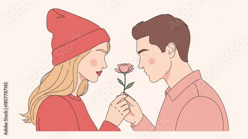 Elegant Gift: Romantic Scene with Rose: A tender moment of affection unfolds as a gentleman presents a delicate rose to a lovely woman, a symbol of affection.