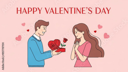 Valentine's Day Romantic Gift: A tender moment unfolds as a gentleman presents his beloved with a heart-shaped gift, symbolizing love and affection against a backdrop of romance.