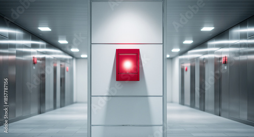 Red Fire Alarm Box on Office Hallway Wall with Modern Interior Emergency Lighting
