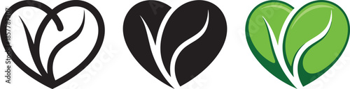 Heart shaped leaf icons in outline solid black and green colors representing nature and health