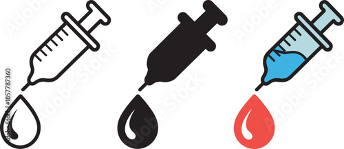 Set of three syringe icons with drops representing medical care vaccination and science research