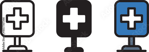 Medical cross sign icon collection with outline silhouette and blue color design for hospital