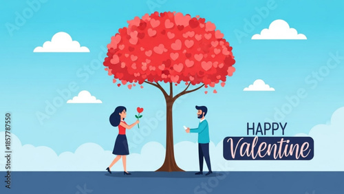 Love's Embrace: A vibrant scene captures the essence of romance, with a couple exchanging heartfelt gestures of love under a heart-shaped tree on Valentine's Day.
