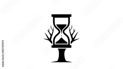 Hourglass with sand flowing, symbolizing the passage of time and the concept of mortality, with tree branches emerging from its base.