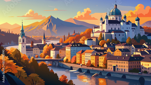 Very beautiful panoramic skyline of Salzburg in autumn, with the Salzach River reflecting golden evening light, colorful foliage, and historic buildings beneath a glowing sunset sky.