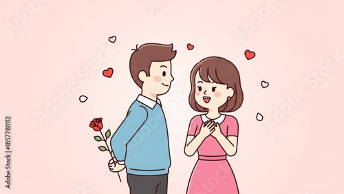 A Rose for a Promise: A tender moment unfolds as a man prepares to offer a single red rose to his beloved, symbolizing love, care and a blossoming romance.