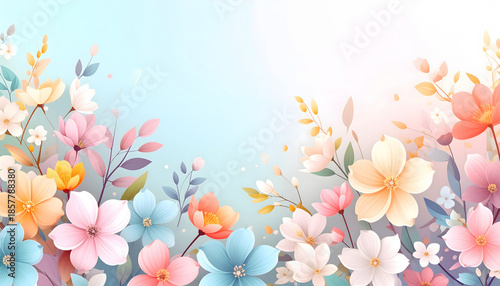 Colorful floral background with pastel flowers and soft gradient