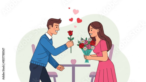 Romance Blossoms: A tender moment unfolds as a gentleman presents a single, elegant rose to a woman, a bouquet of flowers in her embrace, surrounded by heart symbols.