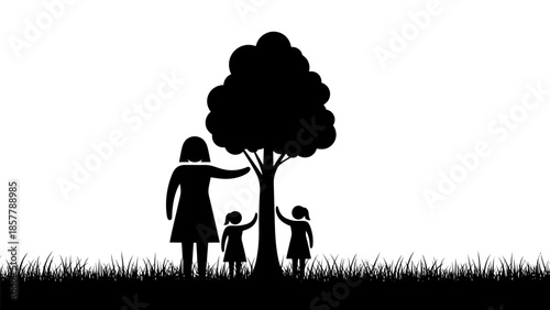 Silhouette of a mother and her two children standing next to a tree, symbolizing family, nature, and growth.