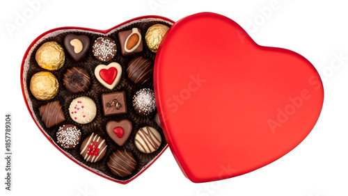 Heart shaped box of assorted chocolates isolated on transparent background