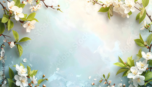 Spring floral background with white blossoms and green leaves