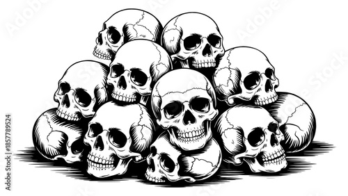 Stacked skulls illustration in black and white with cross-hatching, macabre skull pile
