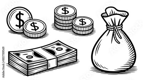 Hand-drawn money icons set: coins, stacked bills and a money bag in bold outline