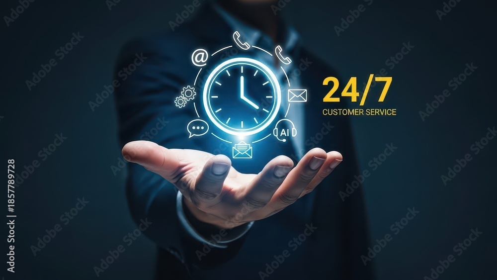 Fototapeta premium A person holding a glowing clock with 24 7 support icons floating around it in their palm