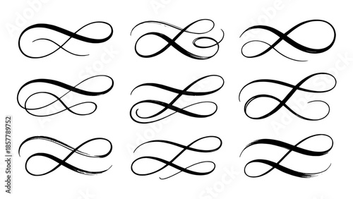 Nine decorative calligraphic flourishes swashes - vector ink strokes
