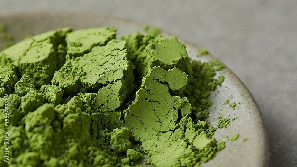 Obraz premium Vibrant green matcha tea powder closeup on a rustic plate, ready for use