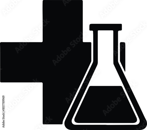 Silhouette Medical cross and laboratory flask icon representing science and research Vector Illustration