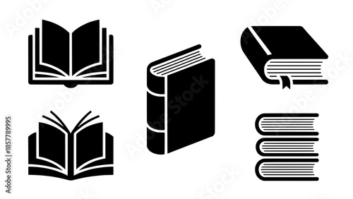 Set of black book icons: open books, hardcover, bookmark, and stacked books – vector illustrations