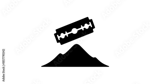 Razor blade icon hovering over mountain silhouette - minimalist vector graphic
