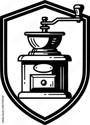 Engraved illustration of vintage coffee grinder with shield fram
