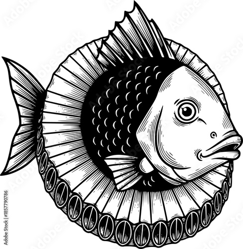 Engraved Fish Portrait in Renaissance Collar, A Unique Artistic
