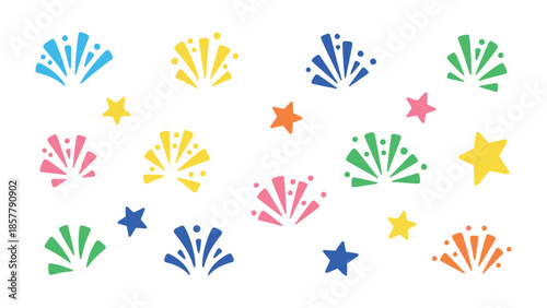 Festive Fireworks and Stellar Shapes: A vibrant illustration showcasing an array of colorful fireworks alongside charming star. Bursting with joy and celebration.