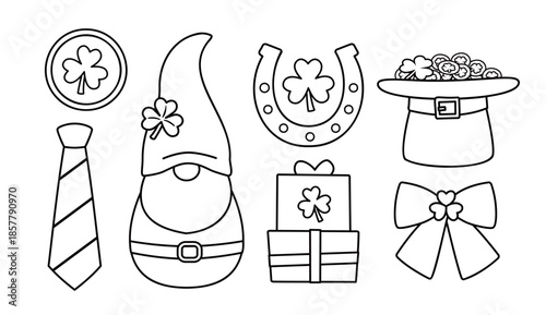 St. Patrick's Day element coloring pages with template set.
Includes gnome, clover,  leprechaun hat, gold coins, horseshoe, gift box, tie and bow tie.