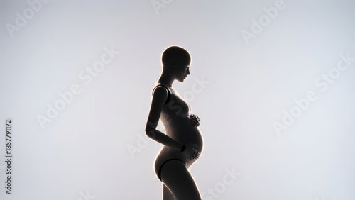 Pregnant humanoid robot woman with subtle belly for concept of artificial intelligence motherhood and future technology.