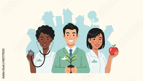 Healthcare Professionals Holding Medical Symbols.