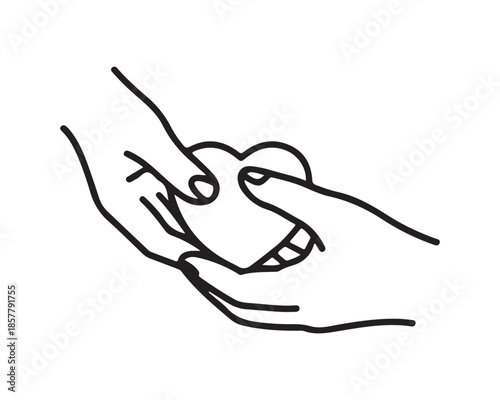 Two hands gently cradle a delicate heart shape in a simple black outline drawing symbolizing love