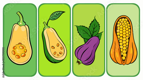 Vegetables illustration set on green background Vector