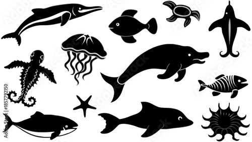 Sea animals silhouette set Vector