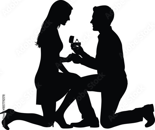 Romantic silhouette of a man proposing to a woman with a ring