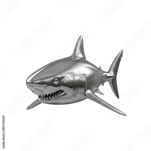 Wallpaper Mural A highly detailed 3D render of a shiny metallic shark sculpture. The sculpture features sharp teeth, prominent fins, and a sleek, reflective silver surface, isolated on a clean white background. Torontodigital.ca