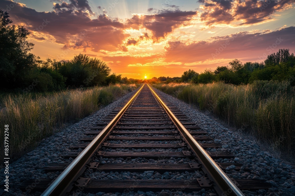 Fototapeta premium Sunset over railway tracks surrounded by greenery in a tranquil landscape