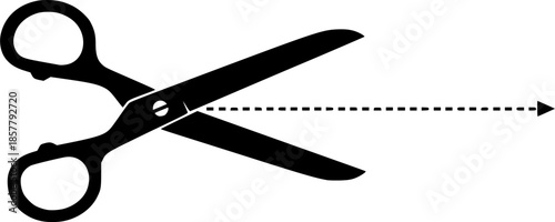 Scissor with dot line. Scissor with ribbon for design dash border page. Dotted outline on paper. Shear mark. PNG
