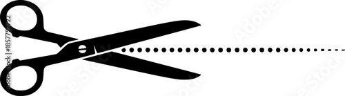Scissor with dot line. Scissor with ribbon for design dash border page. Dotted outline on paper. Shear mark. PNG
