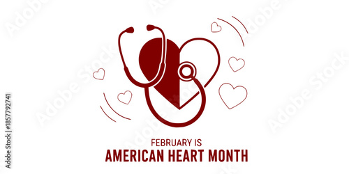 February heart month, American heart month, theme, logo, banner, poster, flyer, concept design template vector stethoscope heart for heart awareness month, heart health month or national heart month