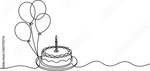 Simple line art illustration of a birthday cake with balloons

