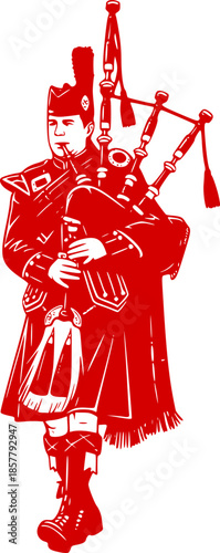Traditional Scottish bagpiper musician in kilt, cultural heritage performance, bagpipes music, Highland attire, Celtic festival celebration, marching band parade illustration 