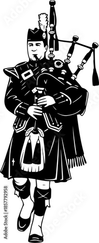 Traditional Scottish bagpiper musician in kilt, cultural heritage performance, bagpipes music, Highland attire, Celtic festival celebration, marching band parade illustration 