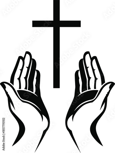 Black and White Vector Illustration of Praying Hands with Christian Cross Symbolizing Faith Religion Prayer Spirituality Hope and Divine Grace