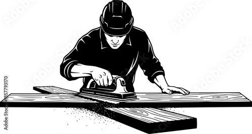 Carpenter man sanding wood plank craftsmanship vector icon
