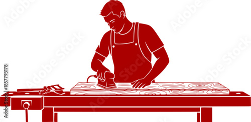 Carpenter man sanding wood plank craftsmanship vector icon
