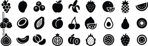 Fruits icon set. All mix fruit set, banana, strawberry, pineapple, watermelon, grapes, mango, blueberries, peach, cherry, lemon, avocado, pear, kiwi, Vector illustration !